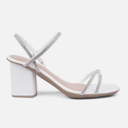 Sandália Feminina Salto Bloco Tiras De Strass Cruzadas Off White
