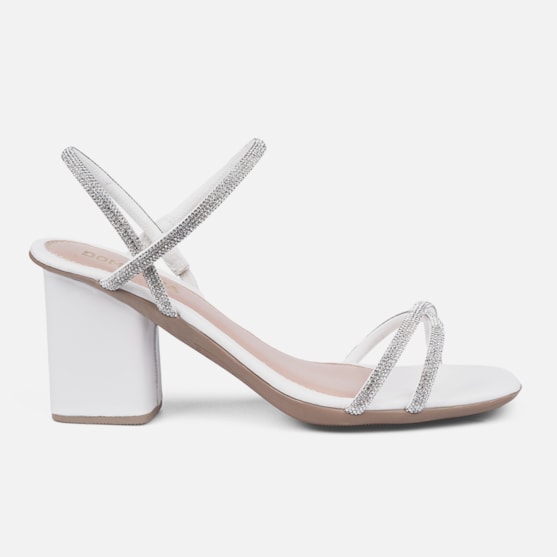 Sandália Feminina Salto Bloco Tiras De Strass Cruzadas Off White