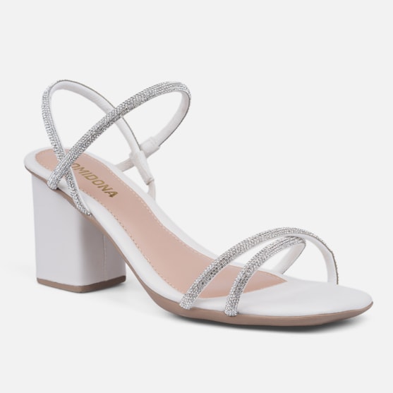 Segunda imagem do produto Sandália Feminina Salto Bloco Tiras De Strass Cruzadas Off White