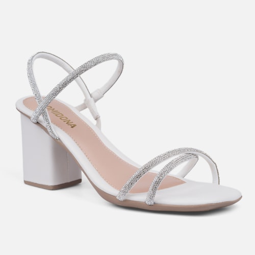 Sandália Feminina Salto Bloco Tiras De Strass Cruzadas Off White