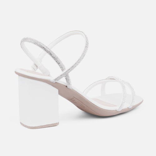 Sandália Feminina Salto Bloco Tiras De Strass Cruzadas Off White