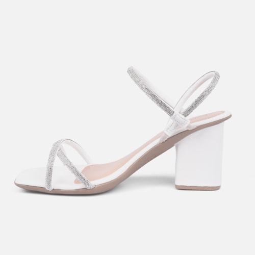 Sandália Feminina Salto Bloco Tiras De Strass Cruzadas Off White