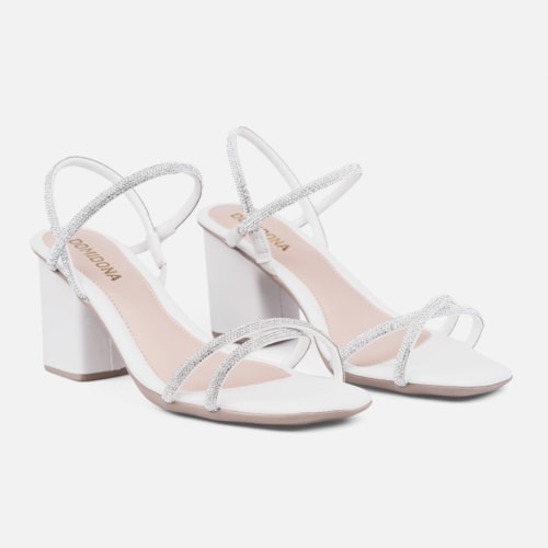 Sandália Feminina Salto Bloco Tiras De Strass Cruzadas Off White