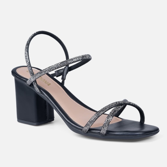 Segunda imagem do produto Sandália Feminina Salto Bloco Tiras De Strass Cruzadas Preta