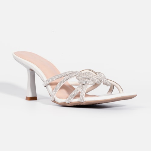 Sandália Feminina Salto Fino Bico Quadrado Tira Em Strass Com Laço Off White