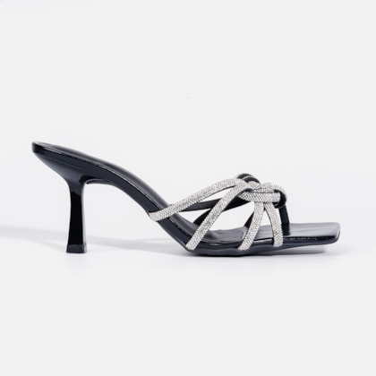 Sandália Feminina Salto Fino Bico Quadrado Tira Em Strass Com Laço Preta