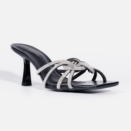Segunda imagem do produto Sandália Feminina Salto Fino Bico Quadrado Tira Em Strass Com Laço Preta