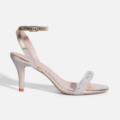 Sandália Feminina Salto Fino Com Tira Em Strass Brilhante Dourado