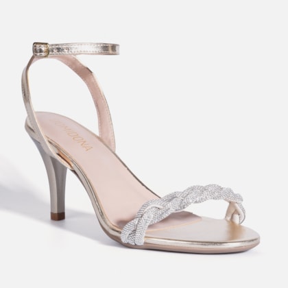 Segunda imagem do produto Sandália Feminina Salto Fino Com Tira Em Strass Brilhante Dourado