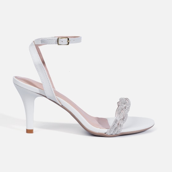 Sandália Feminina Salto Fino Com Tira Em Strass Brilhante Off White