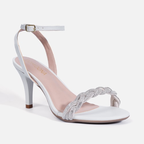 Sandália Feminina Salto Fino Com Tira Em Strass Brilhante Off White