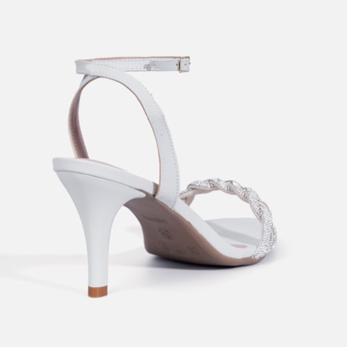 Sandália Feminina Salto Fino Com Tira Em Strass Brilhante Off White