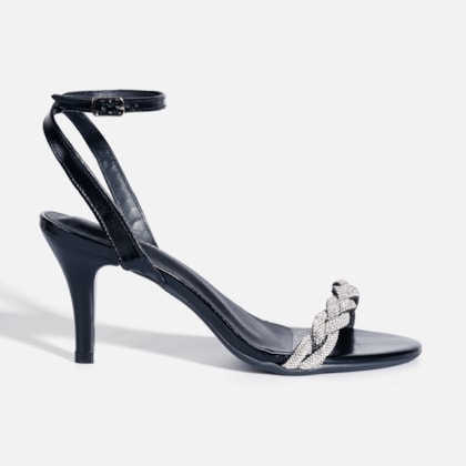 Sandália Feminina Salto Fino Com Tira Em Strass Brilhante Preta