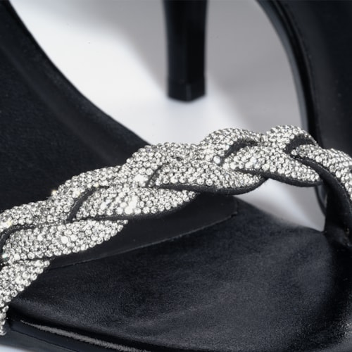 Sandália Feminina Salto Fino Com Tira Em Strass Brilhante Preta