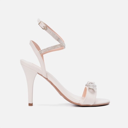 Sandália Feminina Salto Fino Tiras Strass Laço Domidona Off White