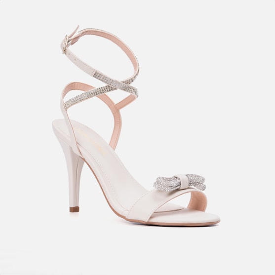 Segunda imagem do produto Sandália Feminina Salto Fino Tiras Strass Laço Domidona Off White