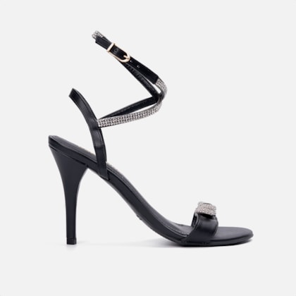 Sandália Feminina Salto Fino Tiras Strass Laço Domidona Preta