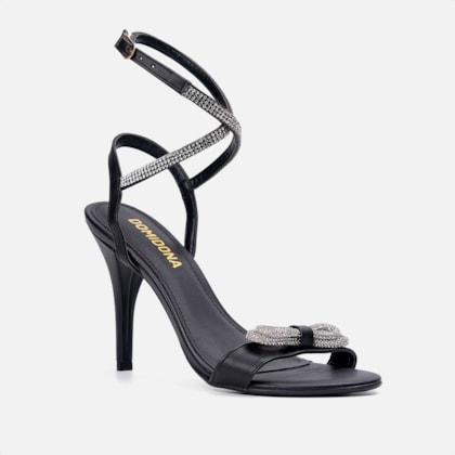 Segunda imagem do produto Sandália Feminina Salto Fino Tiras Strass Laço Domidona Preta