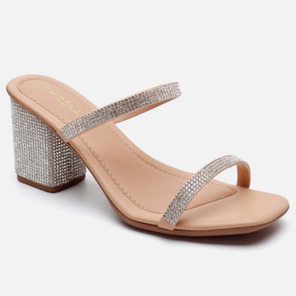 Segunda imagem do produto Sandália Feminina Salto Grosso Bloco De Strass Duas Tiras Nude