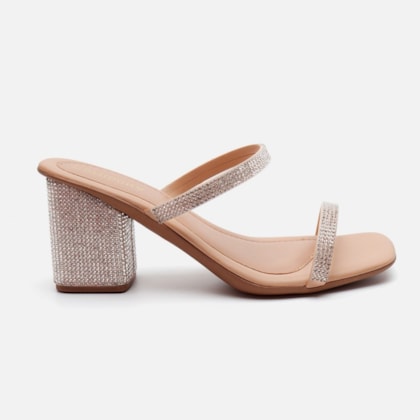 Sandália Feminina Salto Grosso Bloco De Strass Duas Tiras Nude