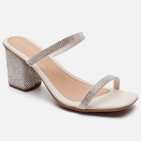 Segunda imagem do produto Sandália Feminina Salto Grosso Bloco De Strass Duas Tiras Off White