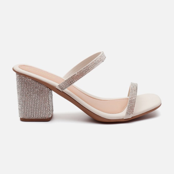 Sandália Feminina Salto Grosso Bloco De Strass Duas Tiras Off White