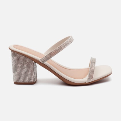 Sandália Feminina Salto Grosso Bloco De Strass Duas Tiras Off White