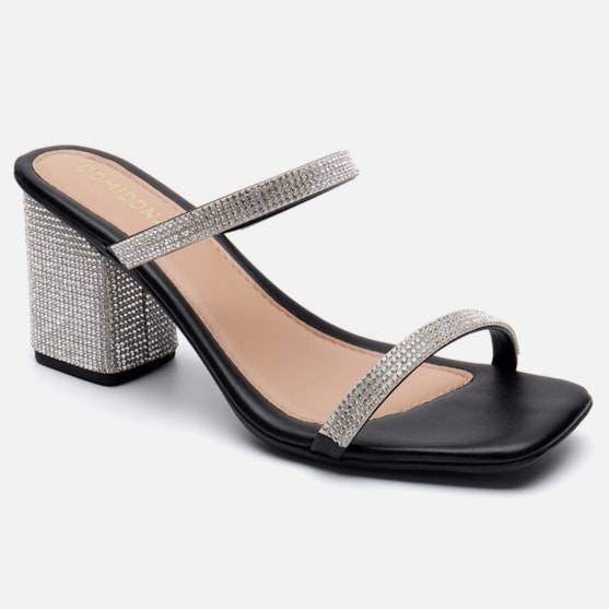 Segunda imagem do produto Sandália Feminina Salto Grosso Bloco De Strass Duas Tiras Preta