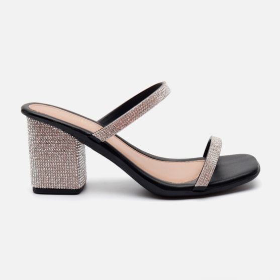 Sandália Feminina Salto Grosso Bloco De Strass Duas Tiras Preta