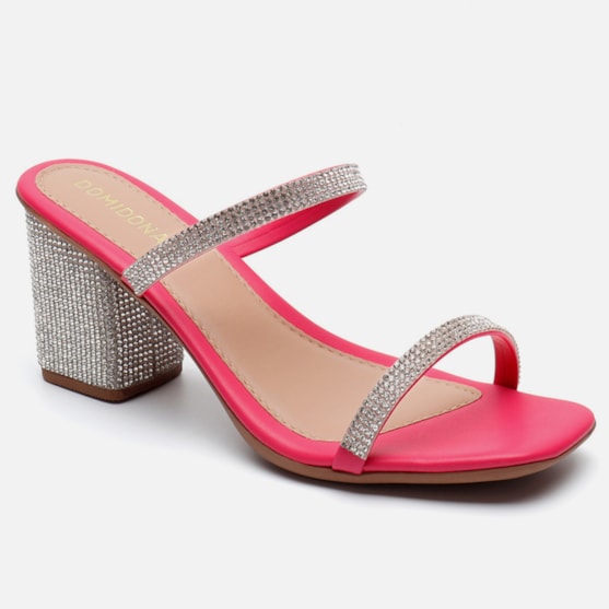 Segunda imagem do produto Sandália Feminina Salto Grosso Bloco De Strass Duas Tiras Rosa