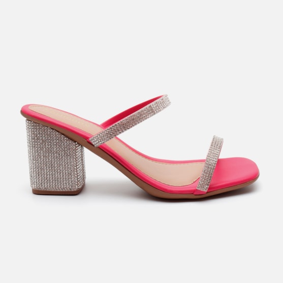 Sandália Feminina Salto Grosso Bloco De Strass Duas Tiras Rosa