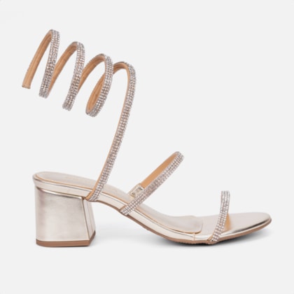 Sandália Feminina Salto Grosso Tira Strass Espiral Mola Moda Dourada