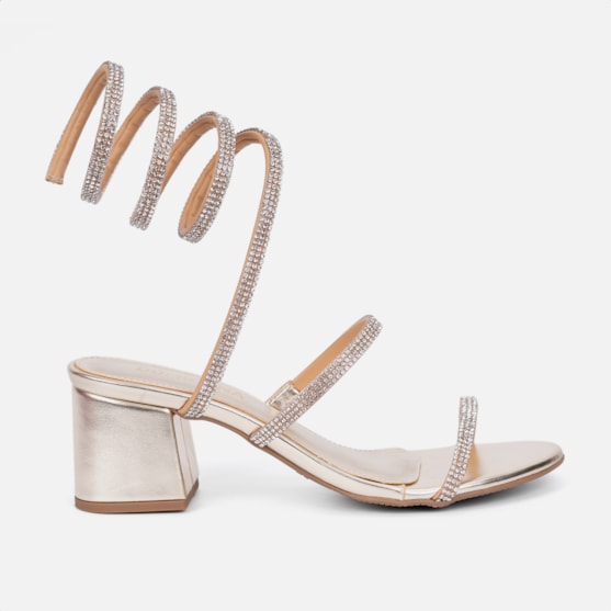 Sandália Feminina Salto Grosso Tira Strass Espiral Mola Moda Dourada