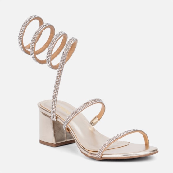 Segunda imagem do produto Sandália Feminina Salto Grosso Tira Strass Espiral Mola Moda Dourada