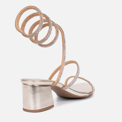 Sandália Feminina Salto Grosso Tira Strass Espiral Mola Moda Dourada