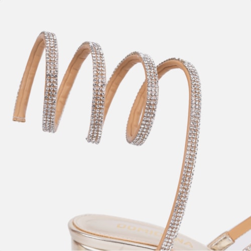 Sandália Feminina Salto Grosso Tira Strass Espiral Mola Moda Dourada