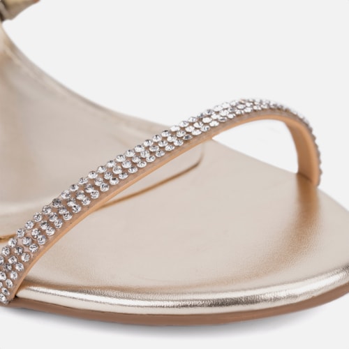 Sandália Feminina Salto Grosso Tira Strass Espiral Mola Moda Dourada
