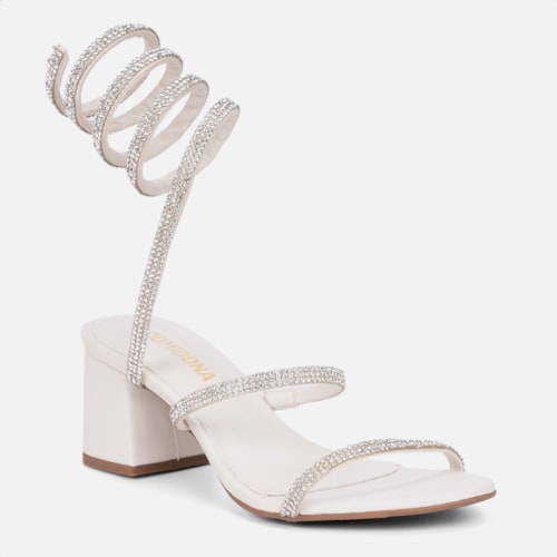 Sandália Feminina Salto Grosso Tira Strass Espiral Mola Moda Off White