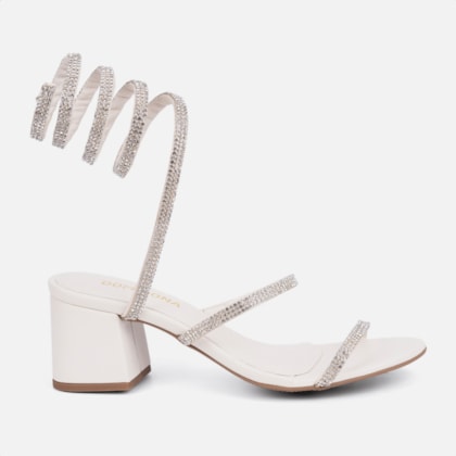 Sandália Feminina Salto Grosso Tira Strass Espiral Mola Moda Off White