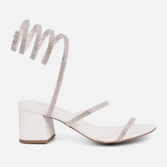 Sandália Feminina Salto Grosso Tira Strass Espiral Mola Moda Off White