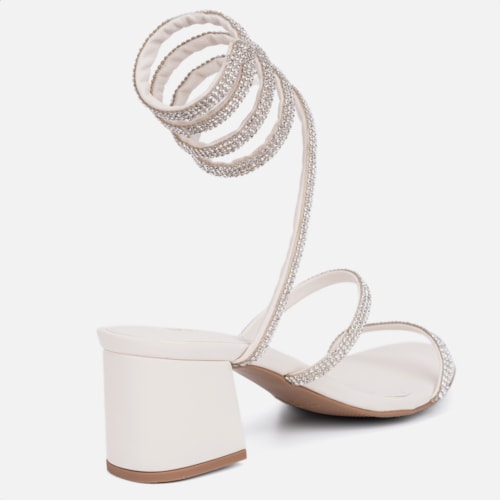 Sandália Feminina Salto Grosso Tira Strass Espiral Mola Moda Off White