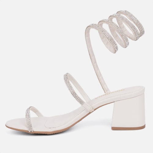 Sandália Feminina Salto Grosso Tira Strass Espiral Mola Moda Off White