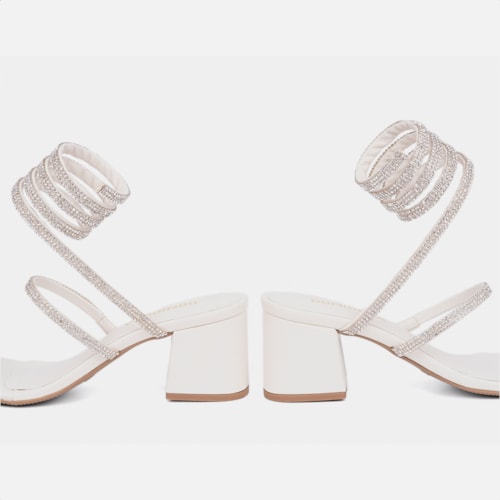Sandália Feminina Salto Grosso Tira Strass Espiral Mola Moda Off White