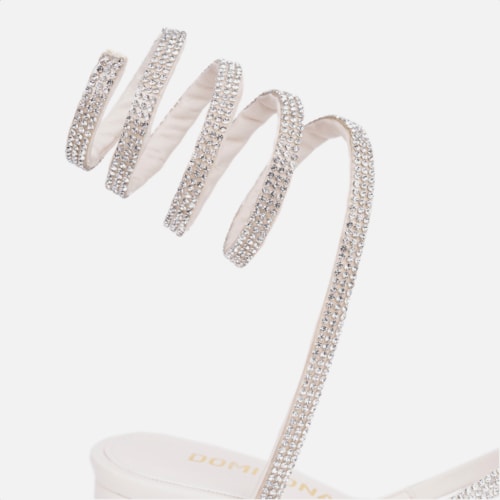 Sandália Feminina Salto Grosso Tira Strass Espiral Mola Moda Off White