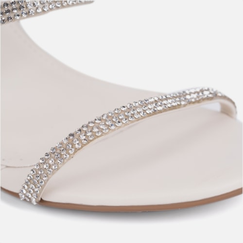 Sandália Feminina Salto Grosso Tira Strass Espiral Mola Moda Off White