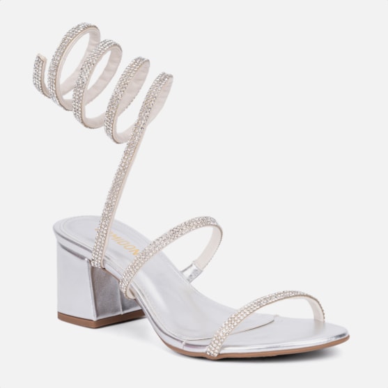 Segunda imagem do produto Sandália Feminina Salto Grosso Tira Strass Espiral Mola Moda Prata