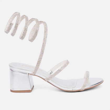 Sandália Feminina Salto Grosso Tira Strass Espiral Mola Moda Prata