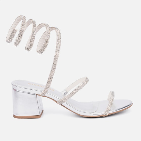 Sandália Feminina Salto Grosso Tira Strass Espiral Mola Moda Prata