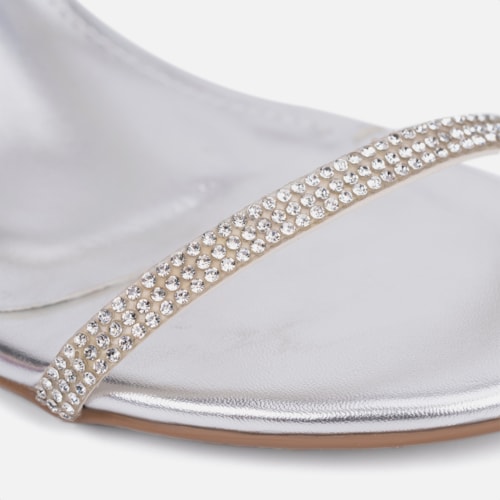 Sandália Feminina Salto Grosso Tira Strass Espiral Mola Moda Prata