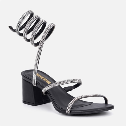 Sandália Feminina Salto Grosso Tira Strass Espiral Mola Moda Preto